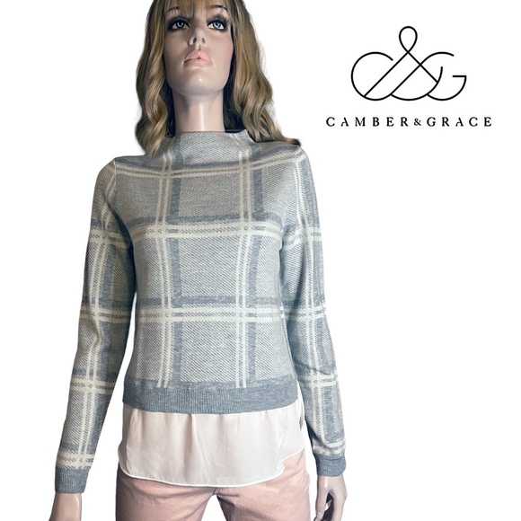 Camber & Grace Cheater Sweater Tunic Grey White Plaid Illusion Blouse Super Soft - Picture 1 of 14